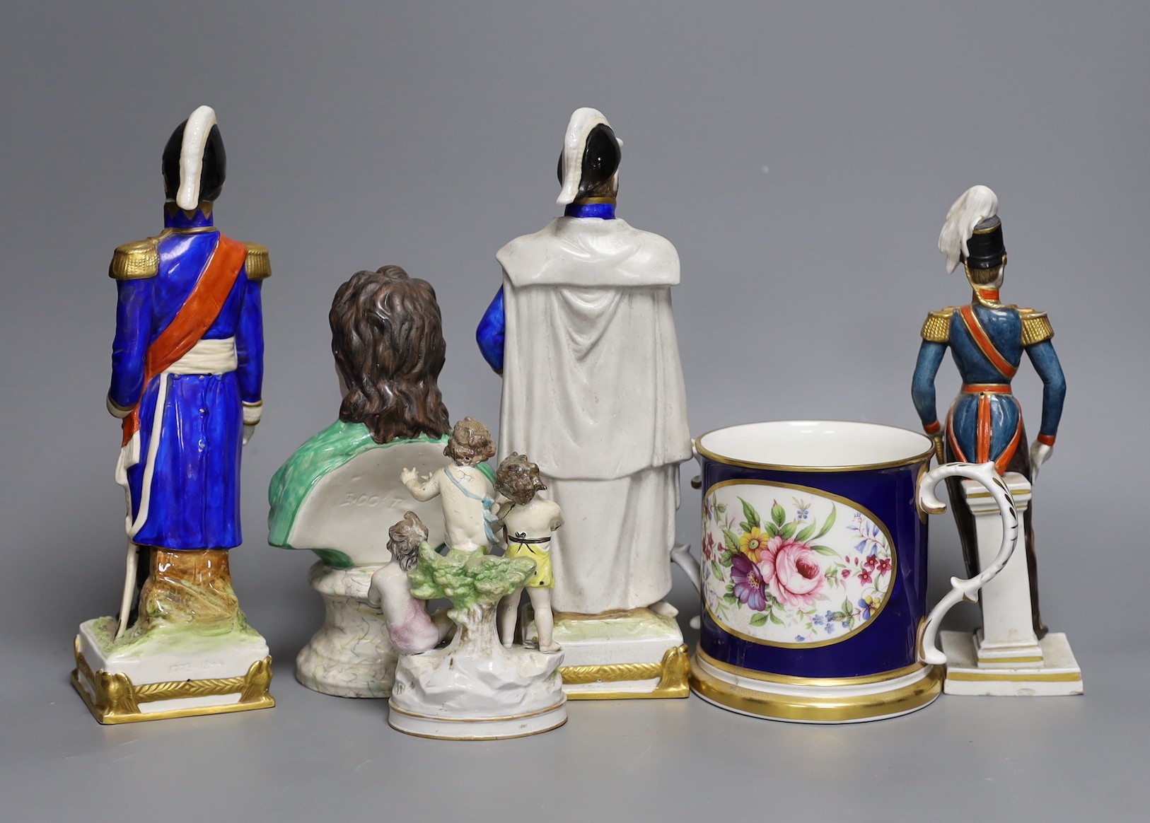 A Staffordshire bust inscribed Locke and three military figures, a two handled tankard and a - Image 2 of 4