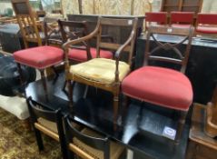 Four Regency brass inlaid mahogany dining chairs one with arms, together with a Regency caned seat