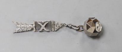 A 1920's mesh white metal and rose cut diamond chip set suspension brooch, with arrow head and