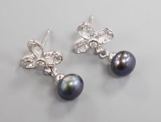 A modern pair of 750 white metal, Tahitian cultured pearl and diamond set drop earrings, 20mm, gross