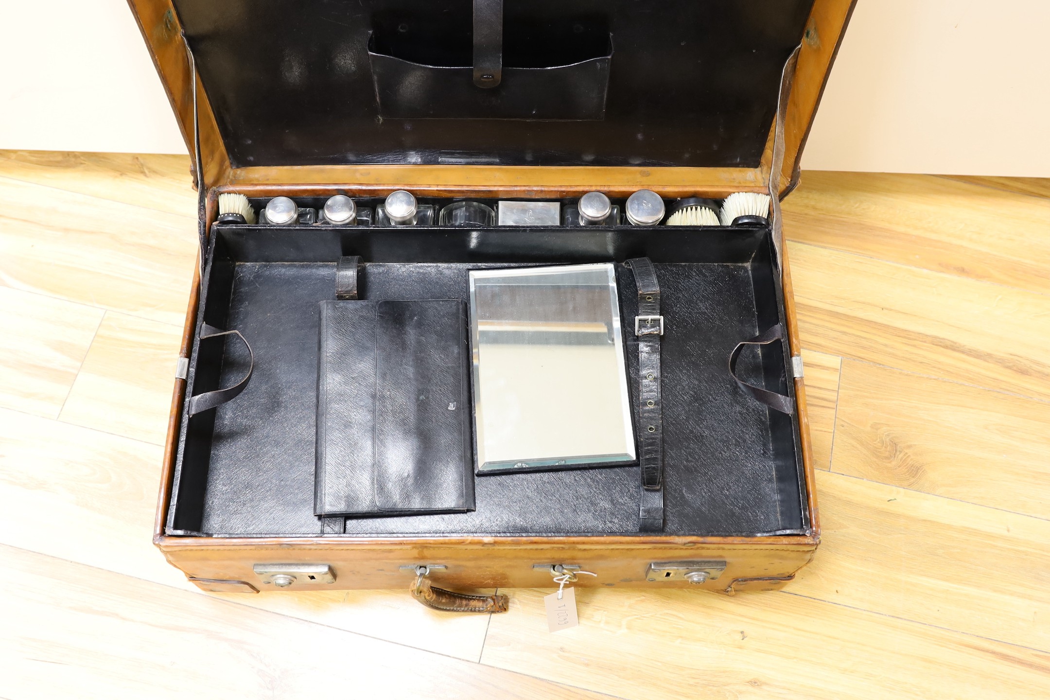 A Dupont travel suitcase, initialled ‘L.C.’ with French white metal mounted bottles - Image 2 of 4