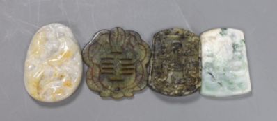 Four Chinese carved hardstone plaques, largest 5.7cm