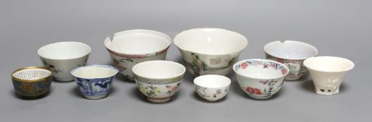 A Chinese Dehua libation cup, eight 18th century and later Chinese porcelain tea bowls and a