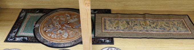 Three Chinese embroidered panels, one embroidered with Chinese knot,