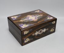 A French rosewood brass inlay and enamelled box, interior missing,31 cms wide x 12 cms high,