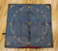 A late 19th century Indian silk and metal thread embroidered panel, approx: 118cms x118 cms,