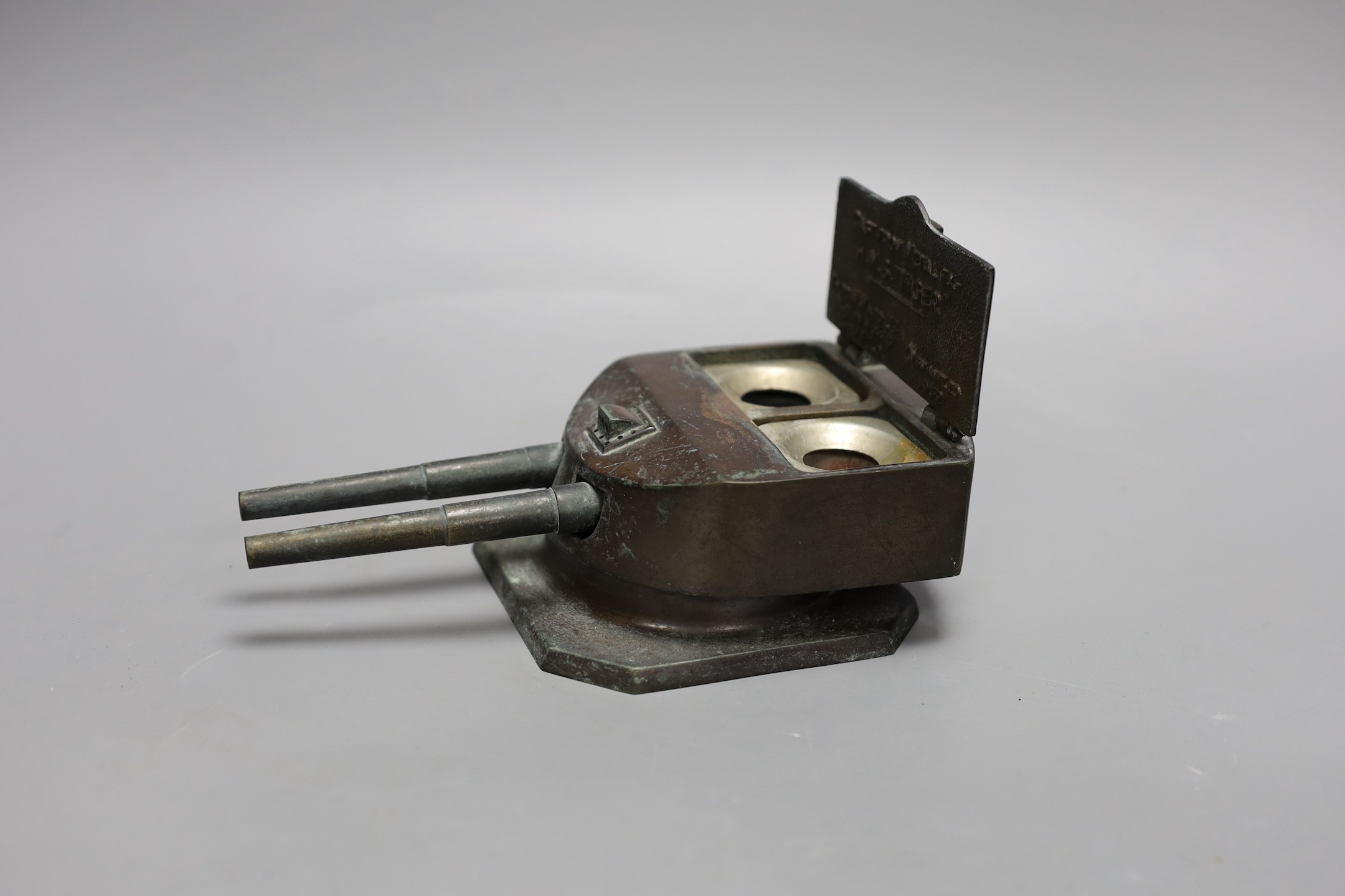 Naval interest- A cast metal ‘gun’ turret, double inkwell, cast from metal ex HMS Tiger, - Image 2 of 3