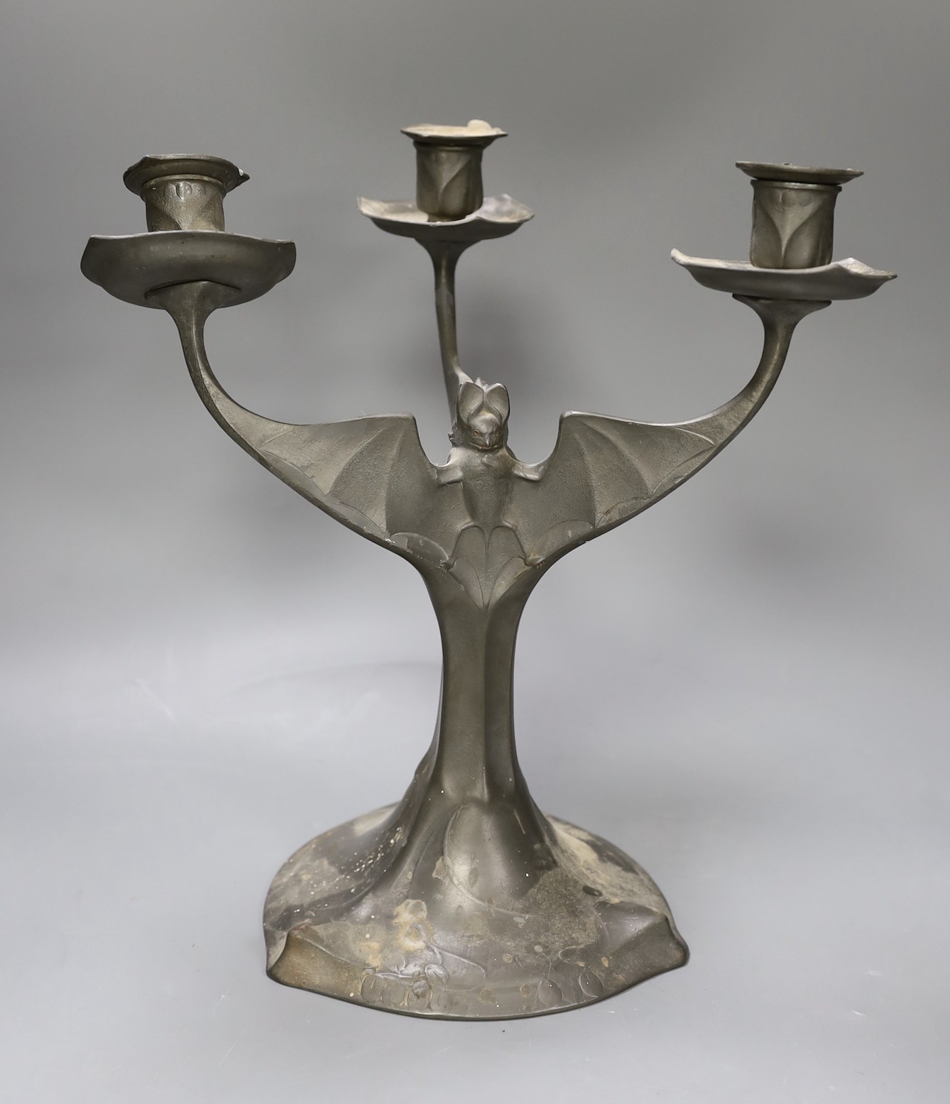 A Kayserzinn pewter three branch 'bat wing' candelabrum, 30cm tall - Image 2 of 2