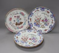A Set of three 18th century Chinese export famille rose plates and a similar dish, largest 22.5cm