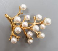 A Mikimoto 14k yellow metal and cultured pearl set cluster spray brooch, 34mm, gross weight 5.9