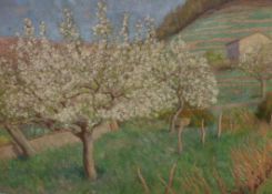 French School c.1890, oil on canvas, Apple trees in blossom, indistinctly signed, 50 x 71cm,