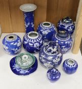 Eight Chinese blue and white ginger jars, one prunus vase and two others, the vase 25 cm high