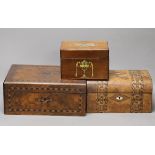 Two 19th century inlaid walnut boxes and a painted mahogany box, The largest 30 cm wide