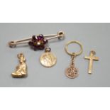 An early 20th century yellow metal, garnet and seed pearl cluster set bar brooch (converted