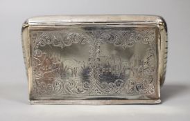A 19th century Dutch 833 standard white metal tobacco box, engraved with animals in farmyard