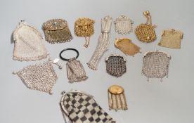 A collection of 19th century multi coloured metal chain mail evening bags and purses (14)