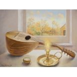 Rosa Branson, oil on canvas, Still life of a mandolin, chamberstick and pocket watch, signed and