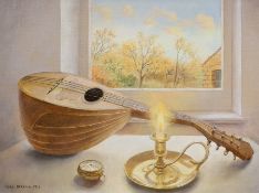Rosa Branson, oil on canvas, Still life of a mandolin, chamberstick and pocket watch, signed and