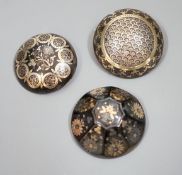 Three 19th century gold and silver pique work tortoiseshell brooches