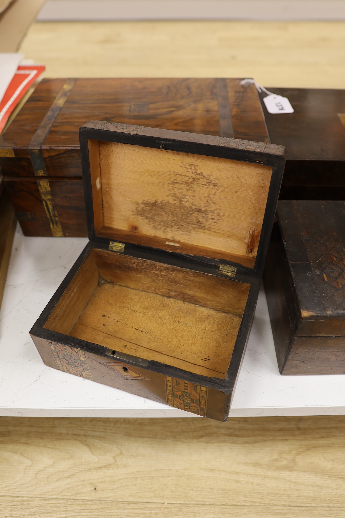 A Victorian rosewood writing slope, a similar smaller one and two boxes - Image 2 of 5