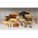 A selection of Beswick animals, to include four bulls and two calves, stag, deer, fawn, fox,
