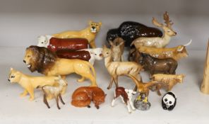 A selection of Beswick animals, to include four bulls and two calves, stag, deer, fawn, fox,