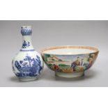 A Chinese Qianlong blue and white garlic neck vase and a famille rose bowl, 18th century, bowl