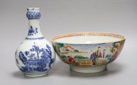 A Chinese Qianlong blue and white garlic neck vase and a famille rose bowl, 18th century, bowl