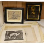 A group of assorted 18th and 19th century engravings, mostly unframed, together with a reverse print