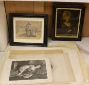 A group of assorted 18th and 19th century engravings, mostly unframed, together with a reverse print