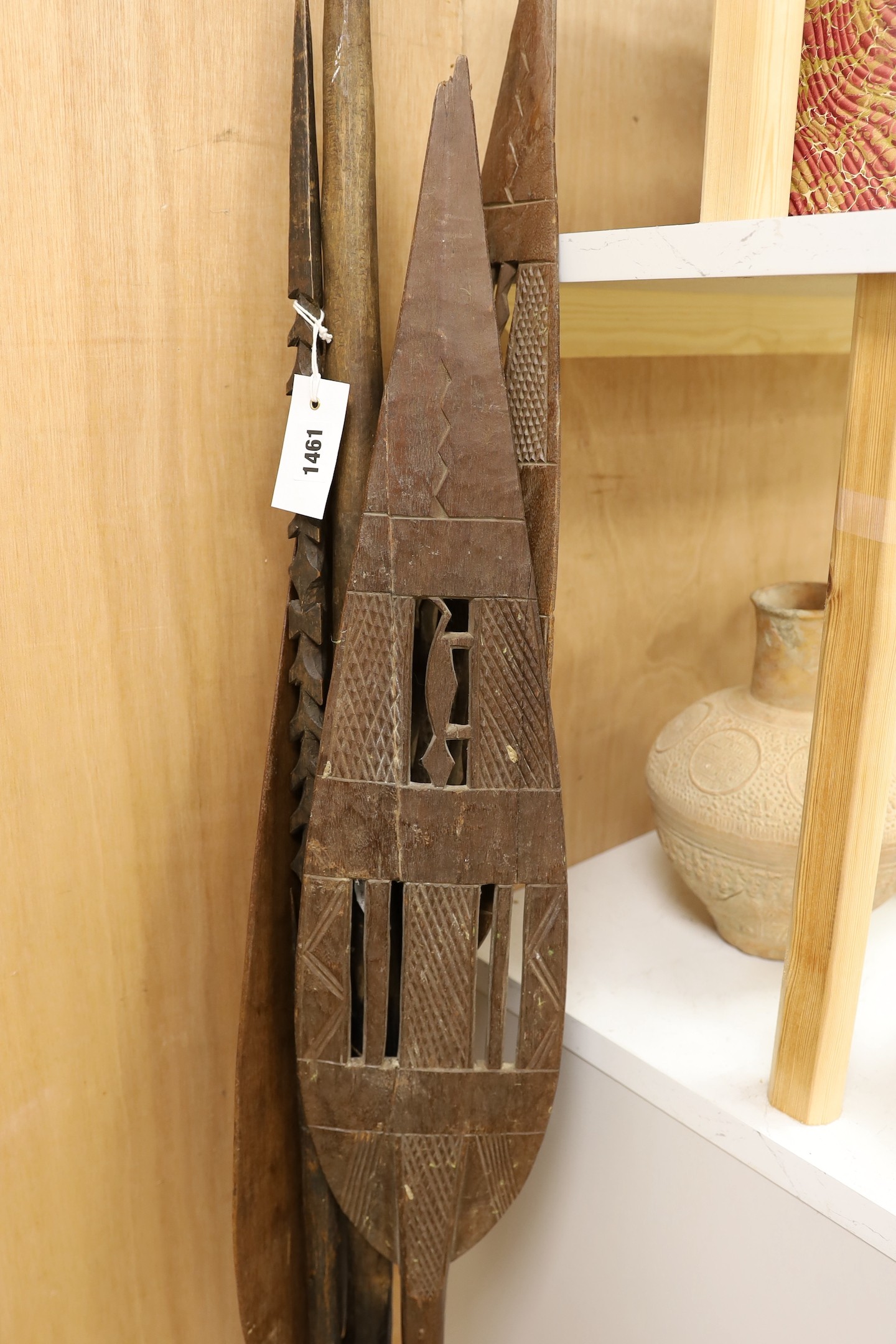 A Dayak spear paddle and four Papua New Guinea spears - Image 2 of 4