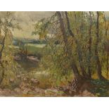 Konecmy, oil on canvas, Trees on a river bank, indistinctly signed and dated 1937, 49 x 63cm,