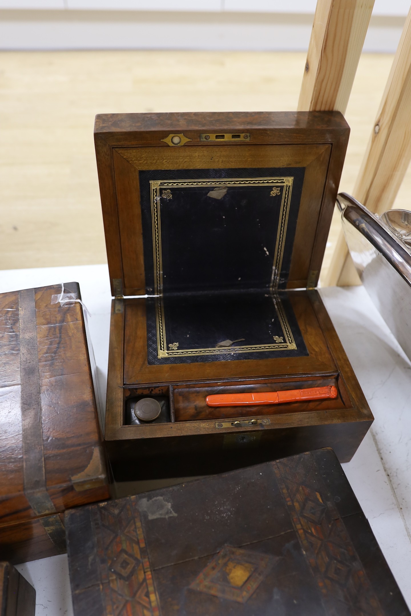 A Victorian rosewood writing slope, a similar smaller one and two boxes - Image 5 of 5