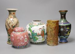A Chinese famille verte crackle glaze vase, 25 cm high, a famille verte jar, a cloisonné enamel