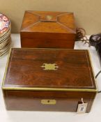 A brass bound rosewood humidor together with a walnut sewing box
