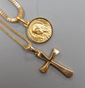 A modern Italian 750 yellow metal pendant on chain, gross 7.7 grams and a 375 cross pendant