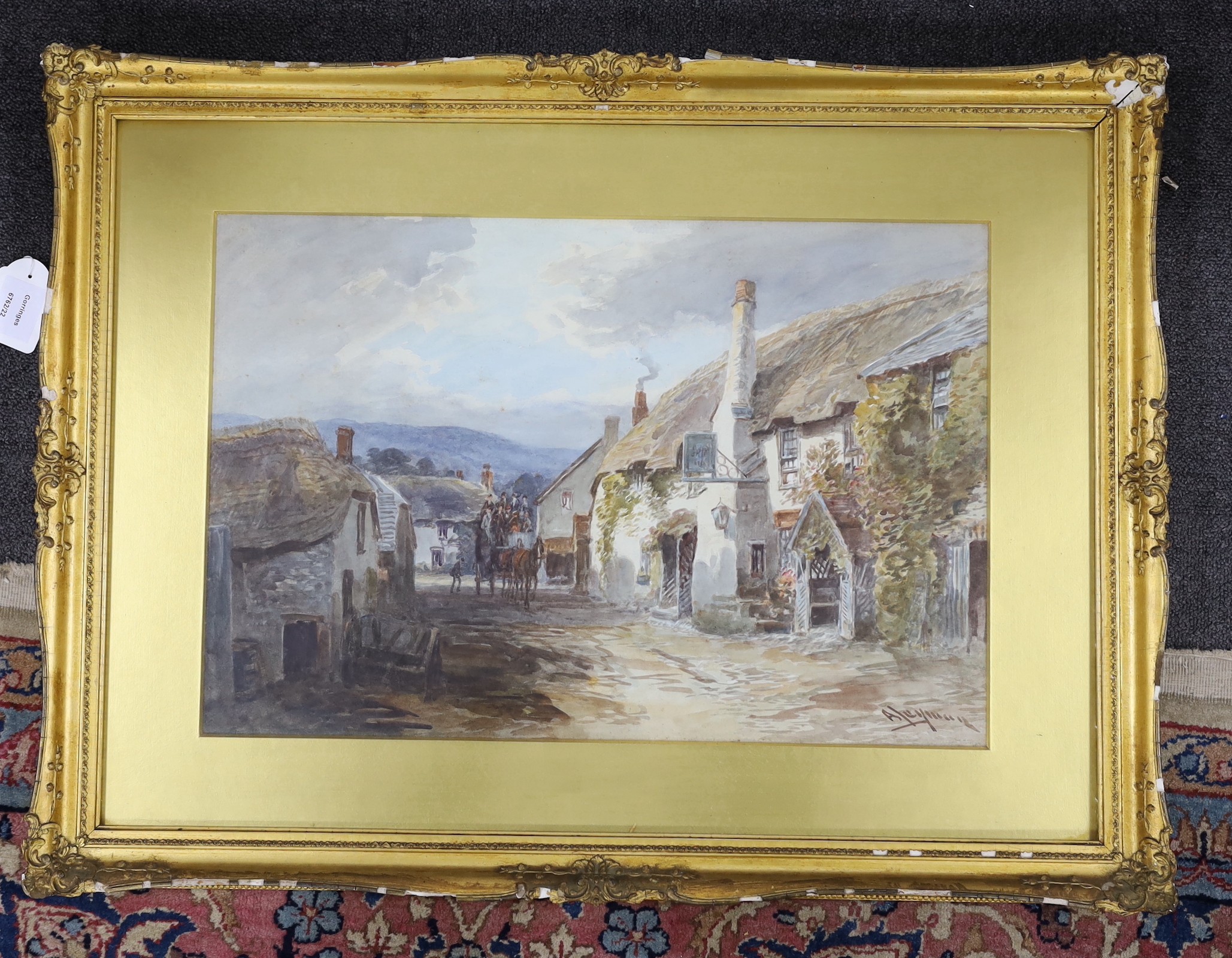 Alfred Leyman (1856-1933), watercolour, Mail coach approaching a village inn, 36 x 54cm - Image 2 of 3