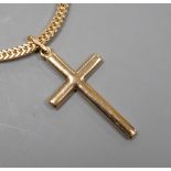 A modern Italian 750 yellow metal cross pendant, 32mm, on an Italian 750 chain, 66cm, 27.4 grams.