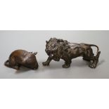 A bronze figure of a rat and another of a lion, 16cm wide