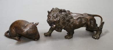 A bronze figure of a rat and another of a lion, 16cm wide