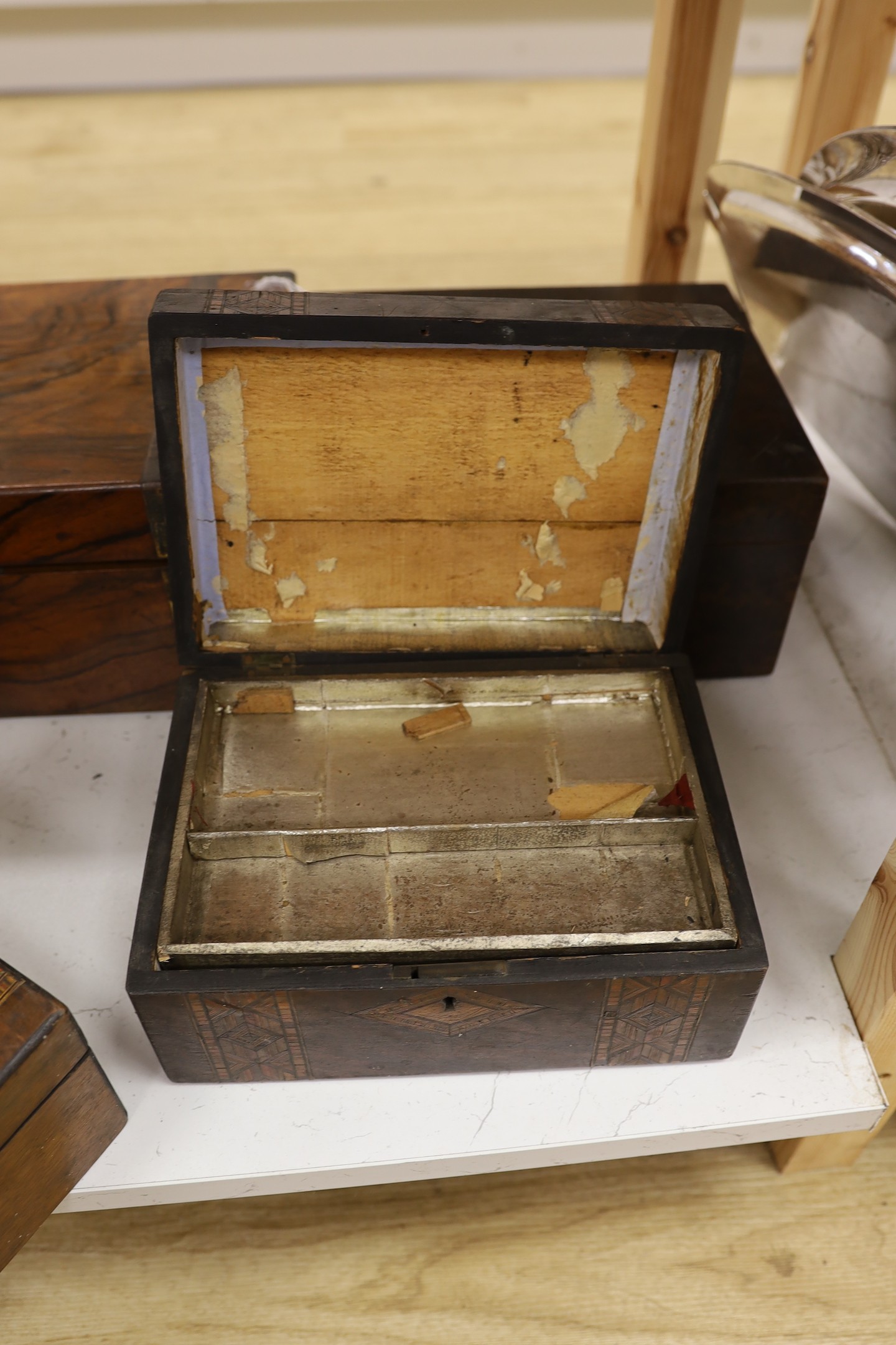 A Victorian rosewood writing slope, a similar smaller one and two boxes - Image 3 of 5
