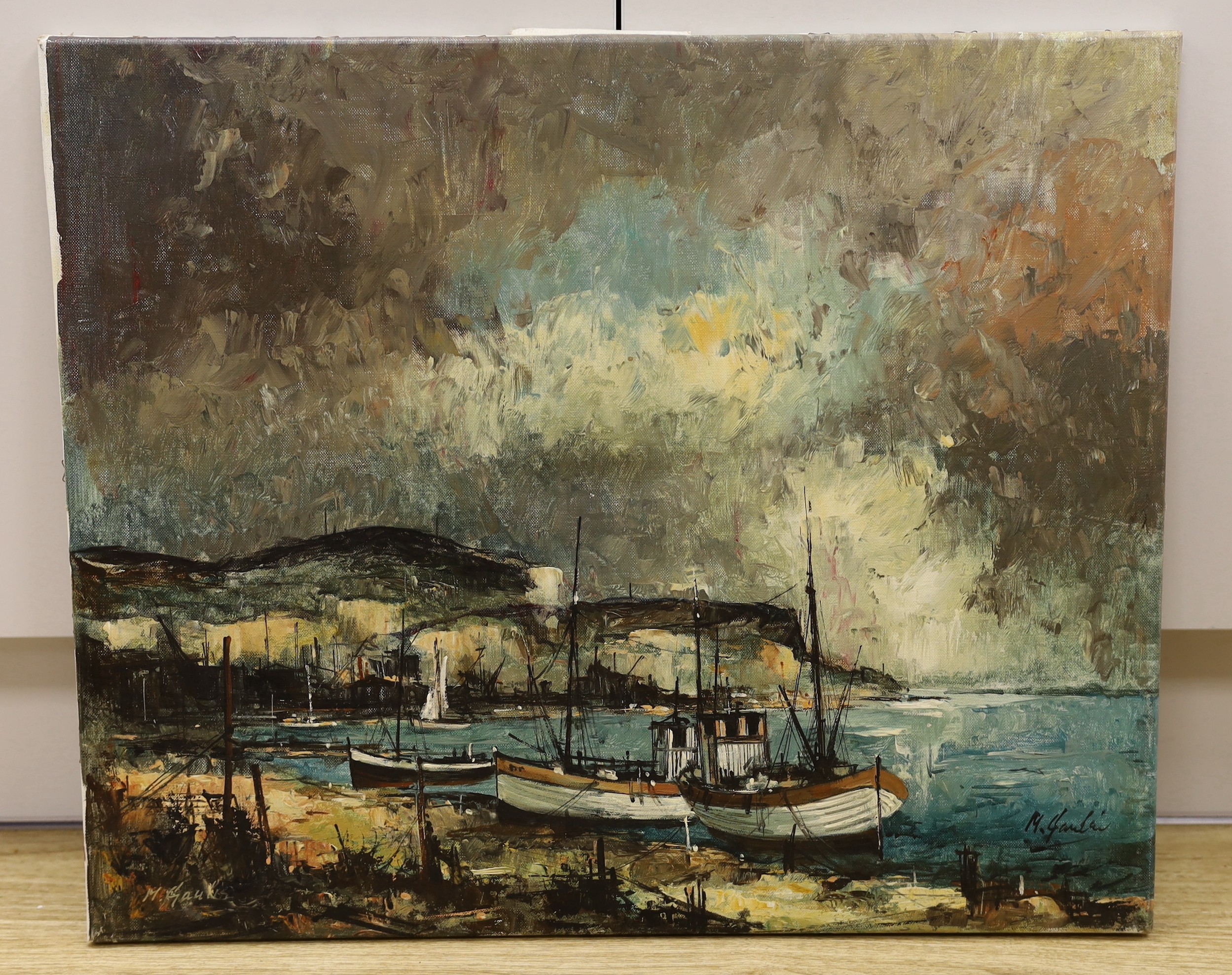 English School, oil on canvas, Fishing boats along the shore, indistinctly signed, 51 x 61cm, - Image 2 of 4