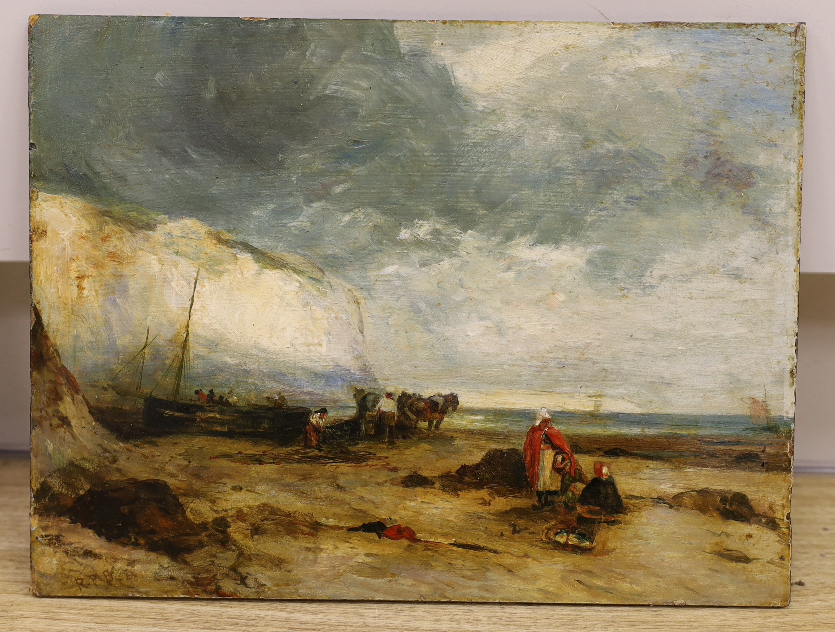 RPB. oil on millboard, Fisherfolk on the shore, initialled, 27 x 36cm, unframed - Image 2 of 4