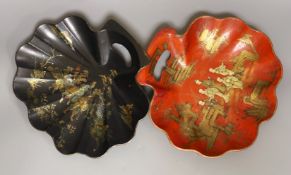 Two early 20th century japanned scallop shell dishes, 29cm wide