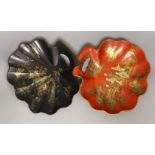 Two early 20th century japanned scallop shell dishes, 29cm wide