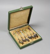 A cased set of six Norwegian sterling and polychrome enamel coffee spoons by Marius Hammer, 94mm,