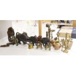 A quantity of Indian carvings and cast brass figures, tallest 20cm