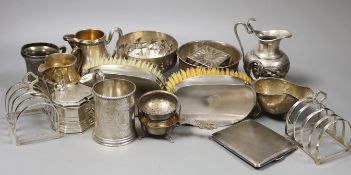 Mixed silver and white metal items including par of toastracks, sugar bowl match sleeve,