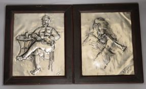 Two embossed metal figural panels, Greek or Russian, signed, 29 x 23cm excl frame
