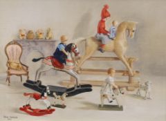 Rosa Branson, oil on canvas, 'Rocking horses', signed and dated 1992, 30 x 40cm